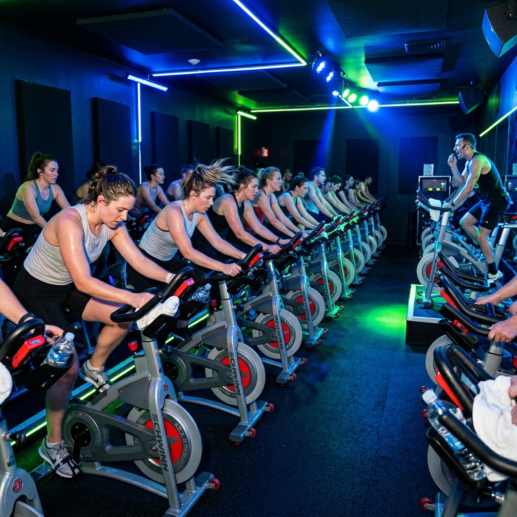 Sesión de Spinning con luces neón